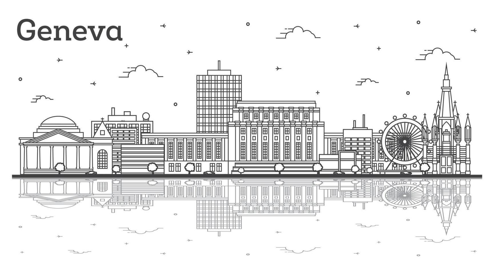 delinear el horizonte de la ciudad de ginebra suiza con edificios modernos y reflejos aislados en blanco. vector