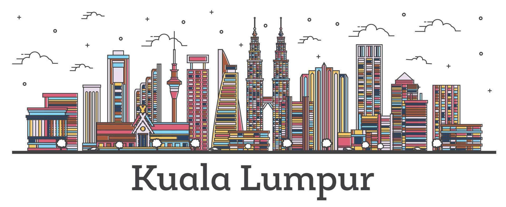 delinear el horizonte de la ciudad de kuala lumpur malasia con edificios de color aislados en blanco. vector