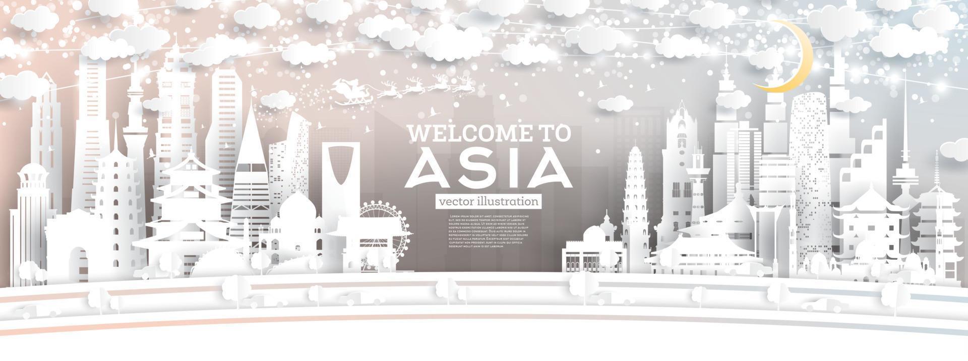 Asia City Skyline in Paper Cut Style with Snowflakes, Moon and Neon Garland. vector