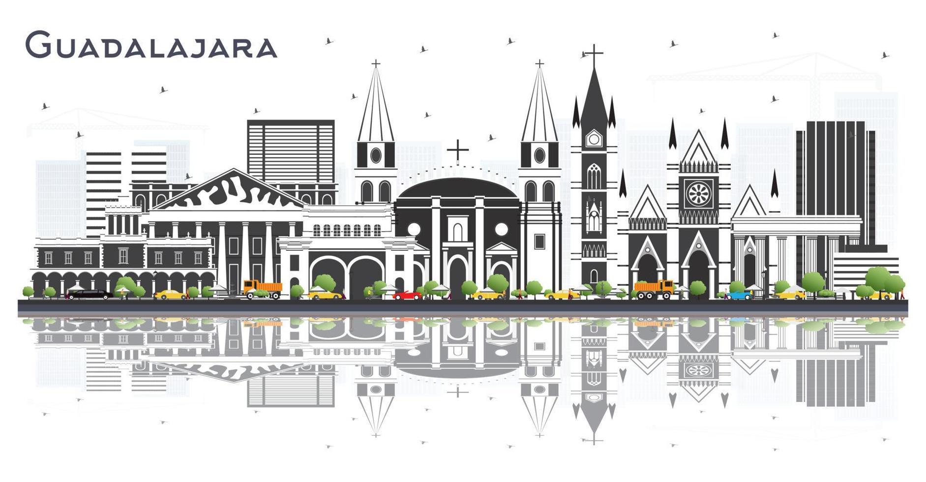 Guadalajara Mexico Skyline with Gray Buildings and Reflections Isolated on White. vector