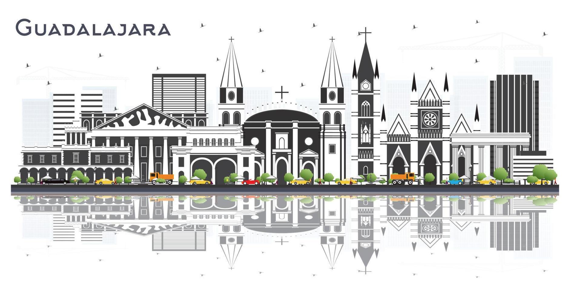 horizonte de guadalajara méxico con edificios grises y reflejos aislados en blanco. vector