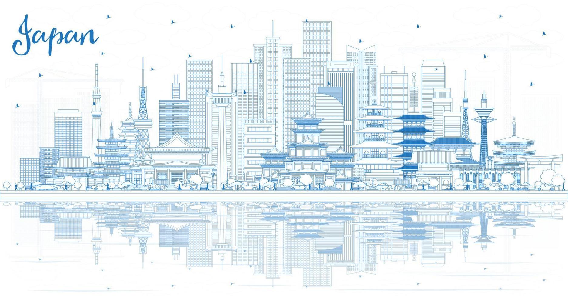 esquema bienvenido al horizonte de japón con edificios azules y reflejos. vector