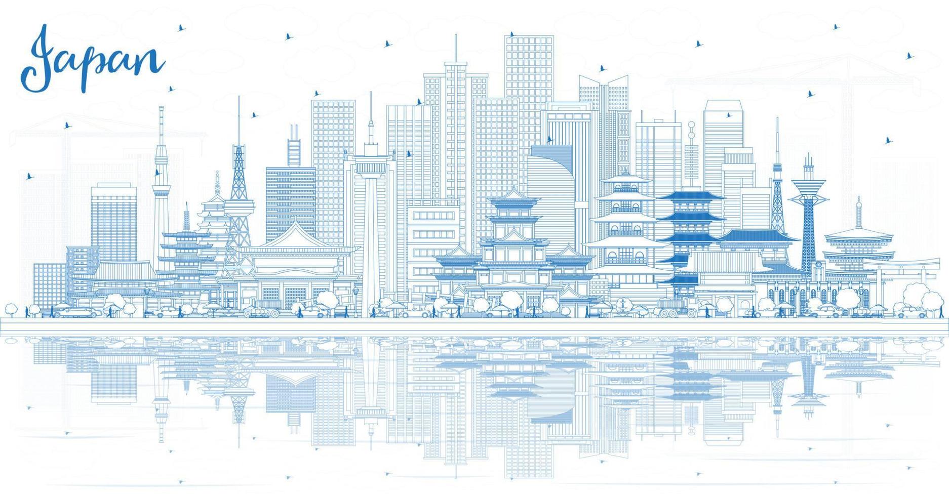 Outline Welcome to Japan Skyline with Blue Buildings and Reflections. vector