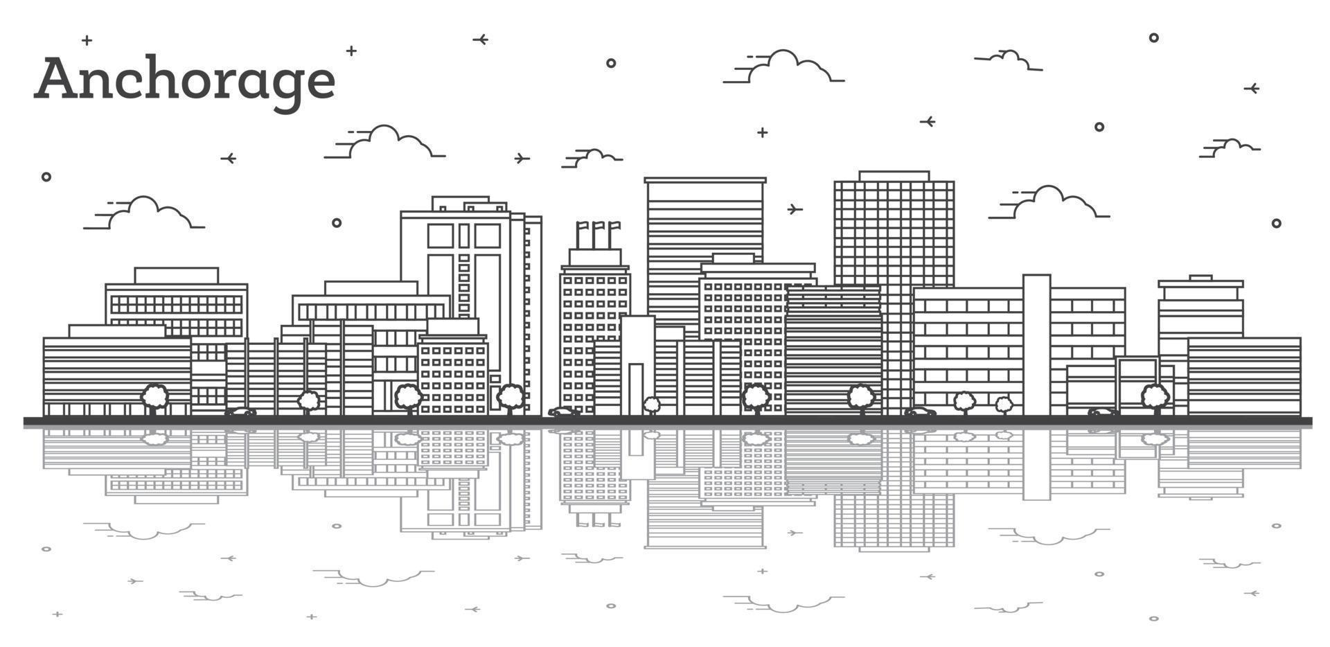 Outline Anchorage Alaska City Skyline with Modern Buildings and Reflections Isolated on White. vector