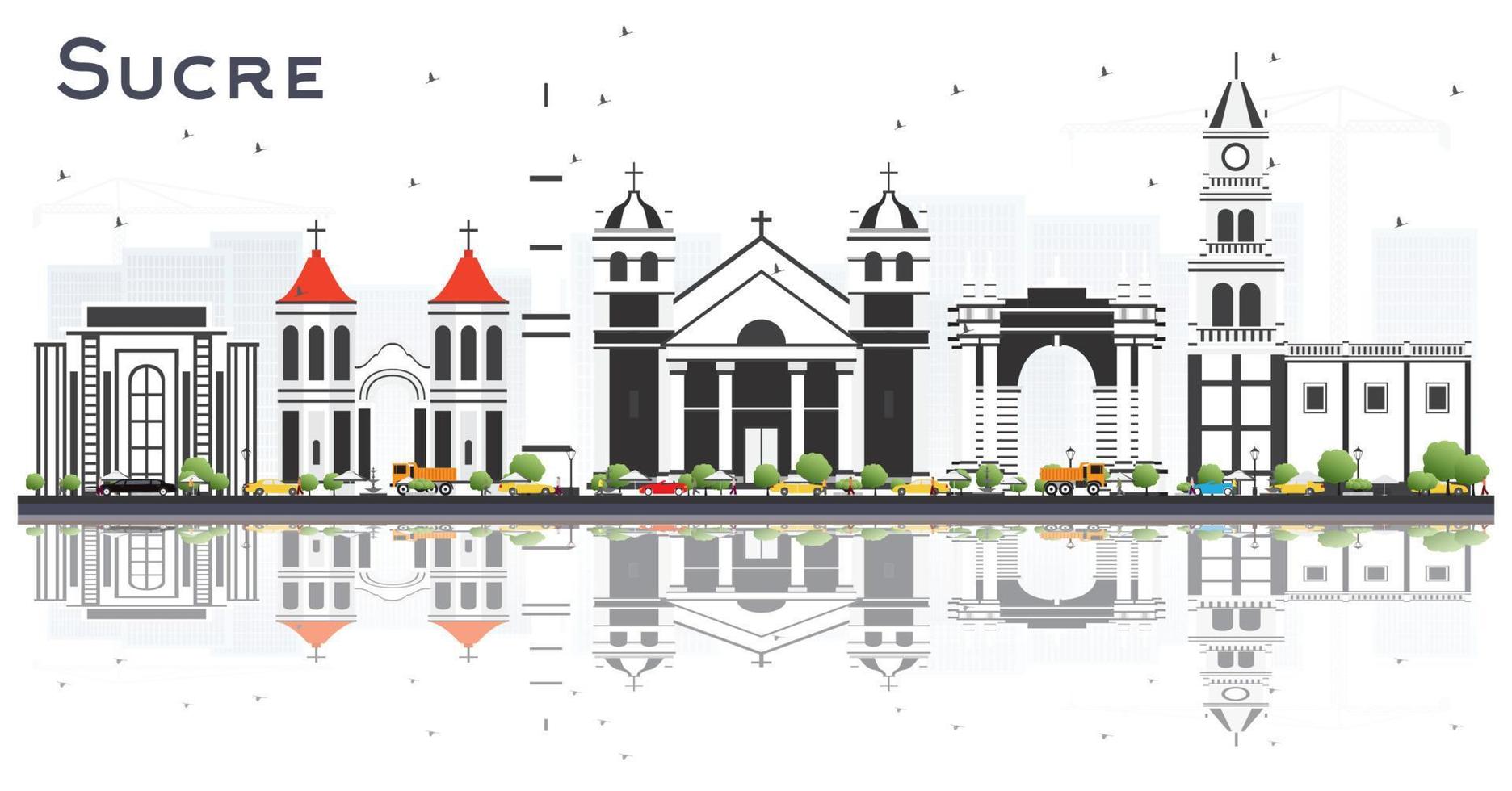Sucre Bolivia City Skyline with Gray Buildings and Reflections Isolated on White. vector