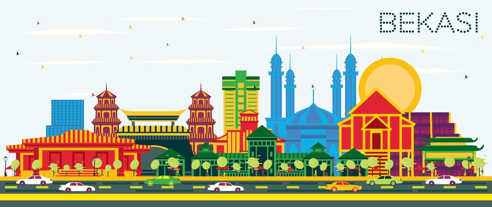 horizonte de la ciudad de bekasi indonesia con edificios de color y cielo azul. vector