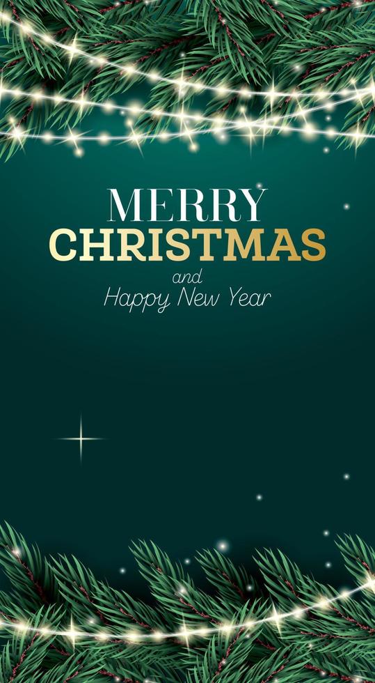 Merry Christmas and Happy New Year Greeting Card. Fir Branch with Neon Garland on Green Background with Copy Space. vector