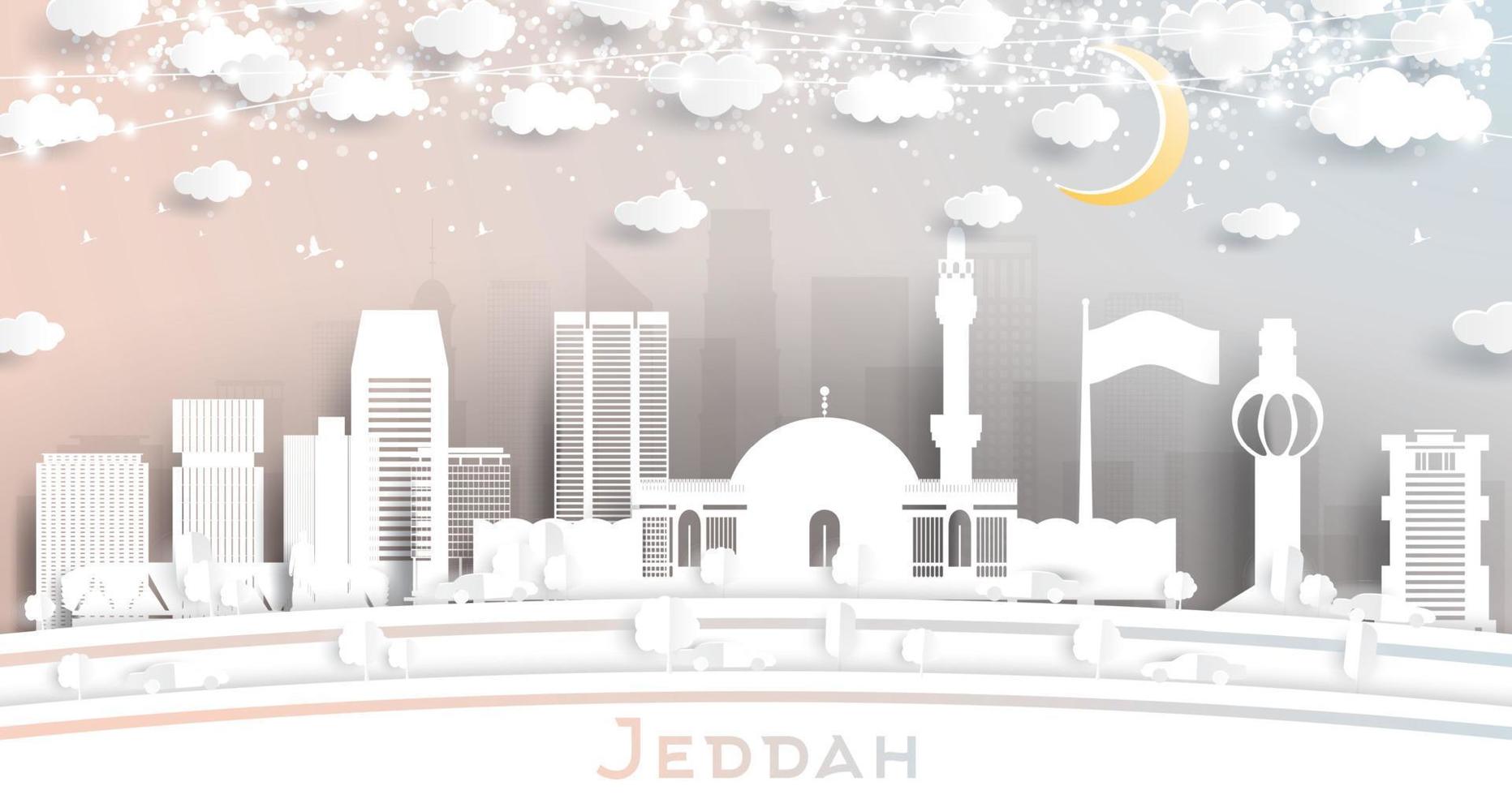 Jeddah Saudi Arabia City Skyline in Paper Cut Style with Snowflakes, Moon and Neon Garland. vector