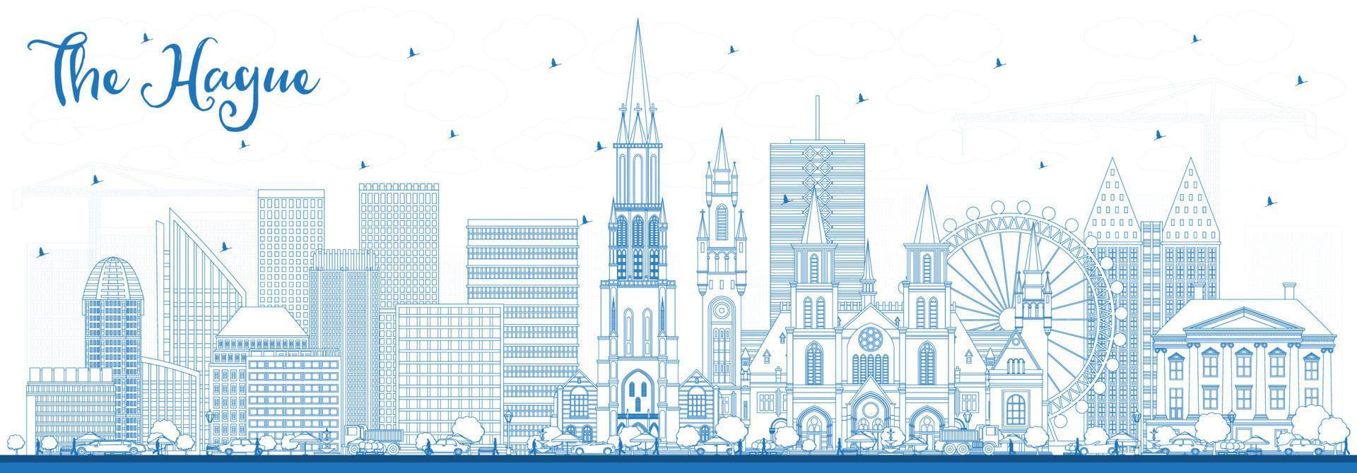 Outline The Hague Netherlands City Skyline with Blue Buildings. vector