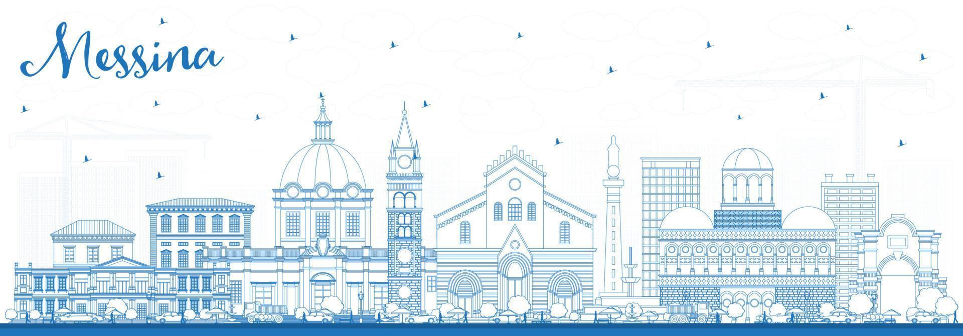 Outline Messina Sicily Italy City Skyline with Blue Buildings. vector