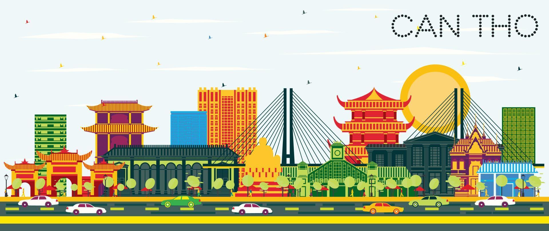 Can Tho Vietnam City Skyline with Color Buildings and Blue Sky. vector