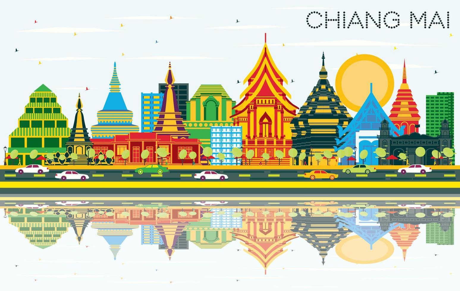 Chiang Mai Thailand City Skyline with Color Buildings, Blue Sky and Reflections. vector