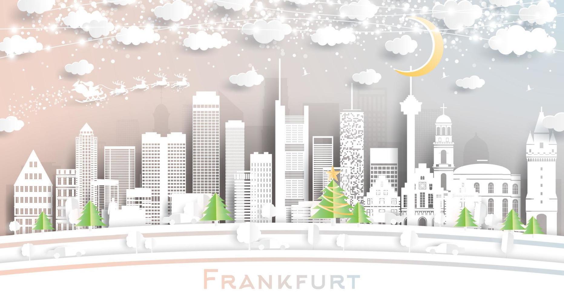 Frankfurt Germany City Skyline in Paper Cut Style with Snowflakes, Moon and Neon Garland. vector