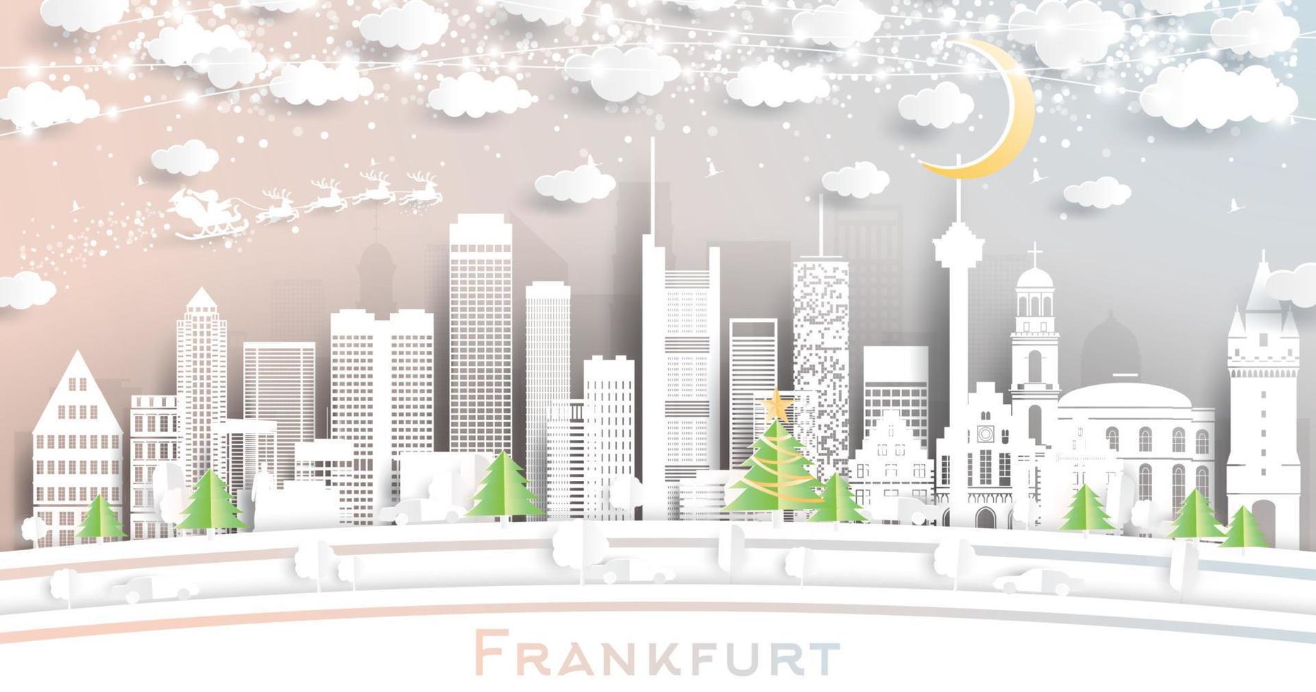 horizonte de la ciudad de frankfurt alemania en estilo de corte de papel con copos de nieve, luna y guirnalda de neón. vector