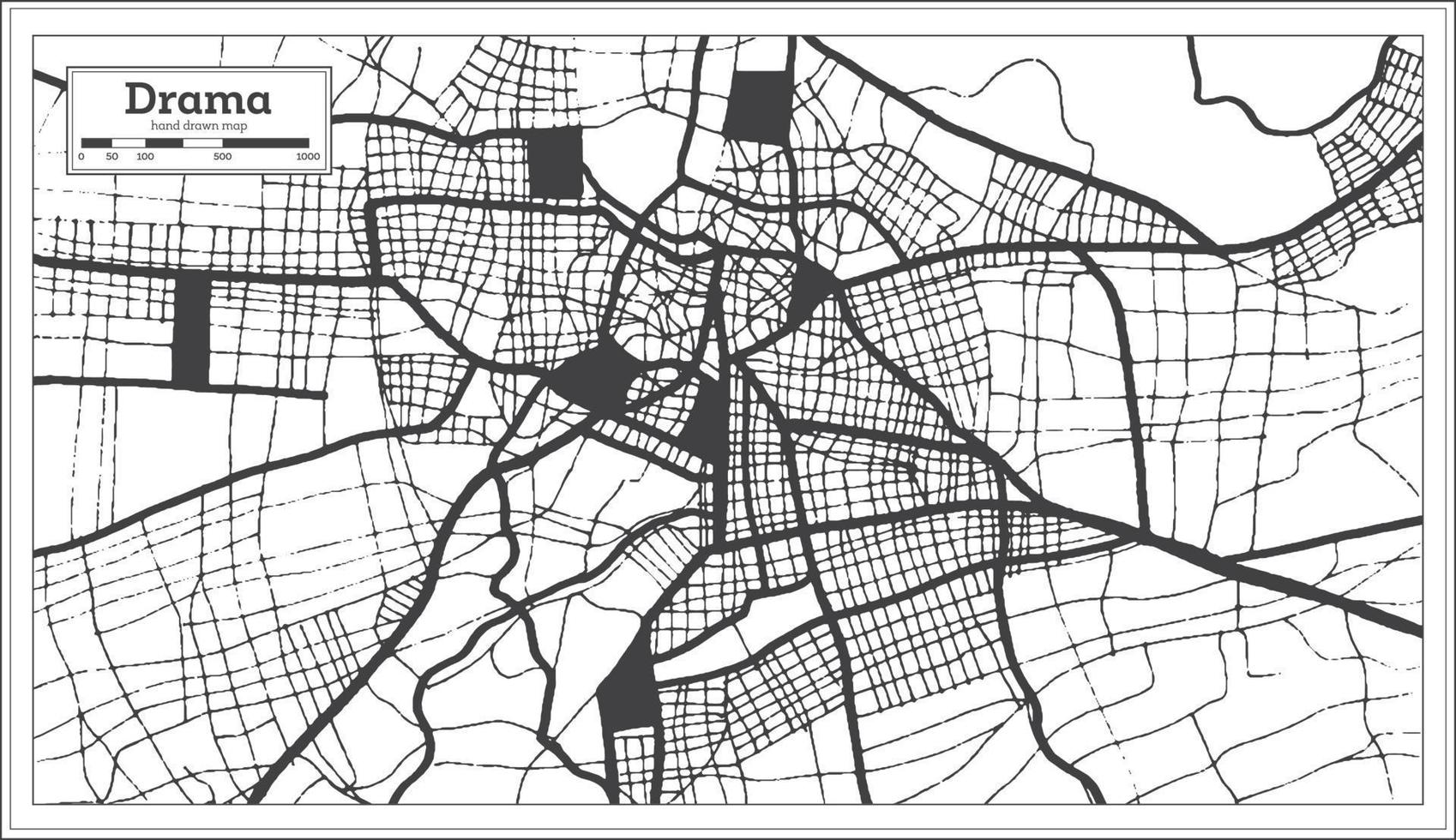 drama mapa de la ciudad de grecia en color blanco y negro en estilo retro. esquema del mapa. vector