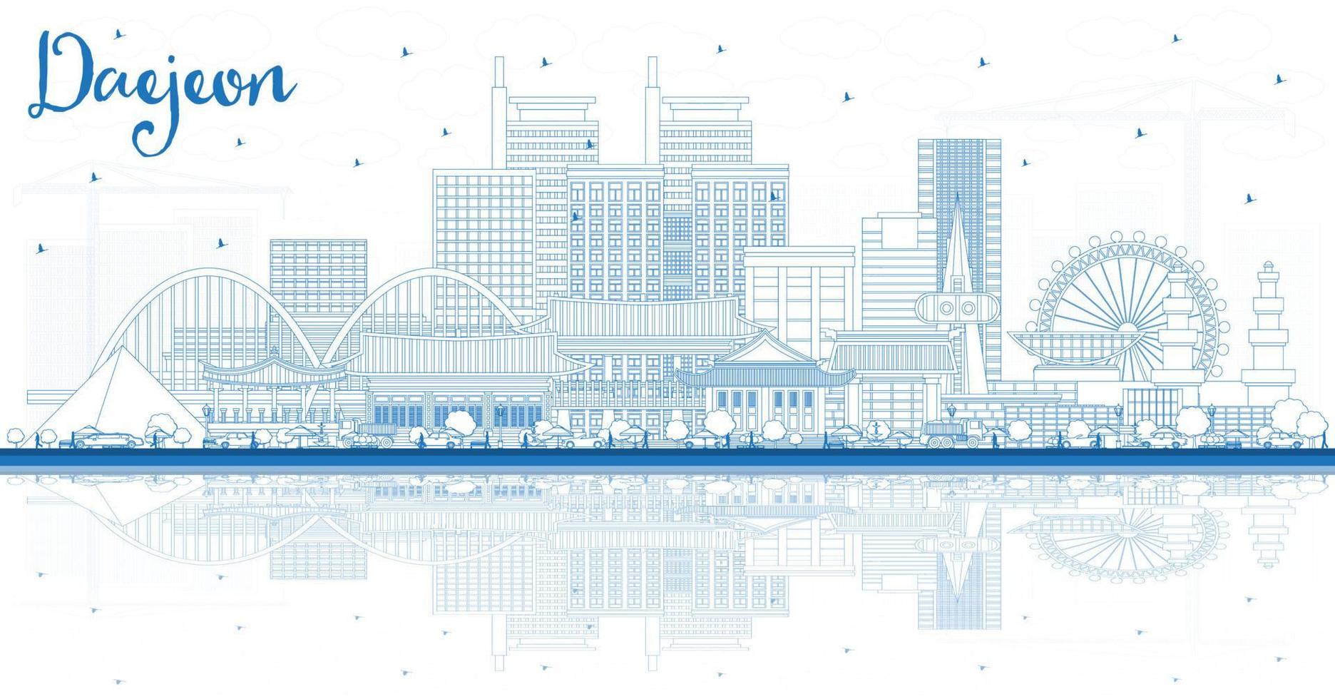 Outline Daejeon South Korea City Skyline with Blue Buildings and Reflections. vector