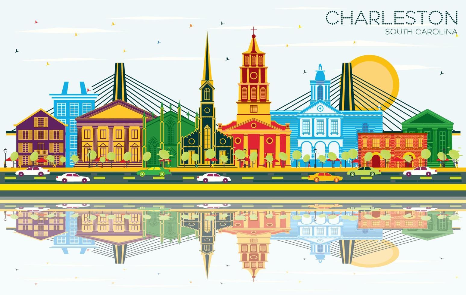 Charleston South Carolina City Skyline with Color Buildings, Blue Sky and Reflections. vector