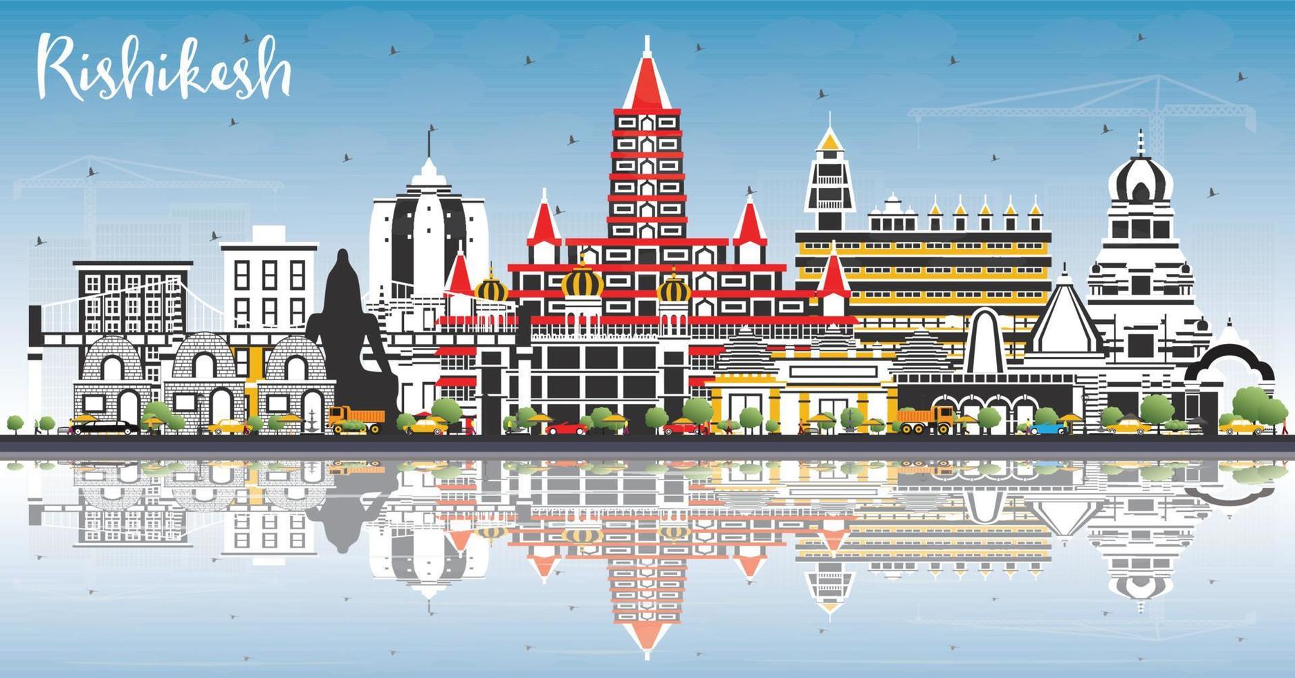 Rishikesh India City Skyline with Color Buildings, Blue Sky and Reflections. vector