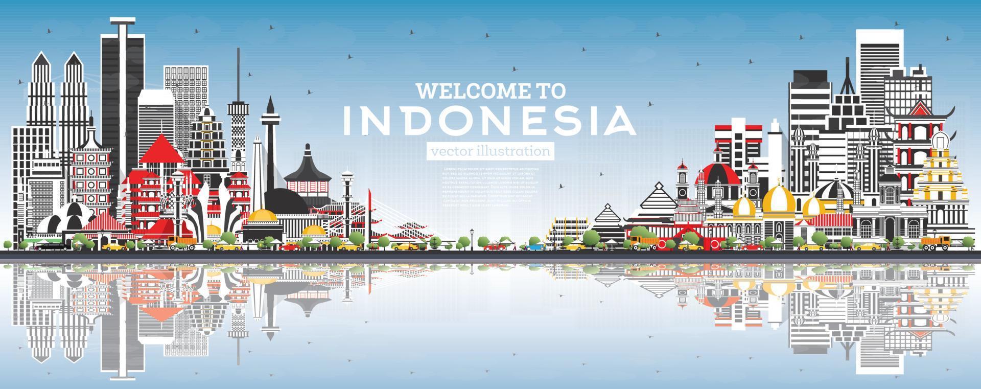 bienvenidos al horizonte de indonesia con edificios grises, cielo azul y reflejos. vector