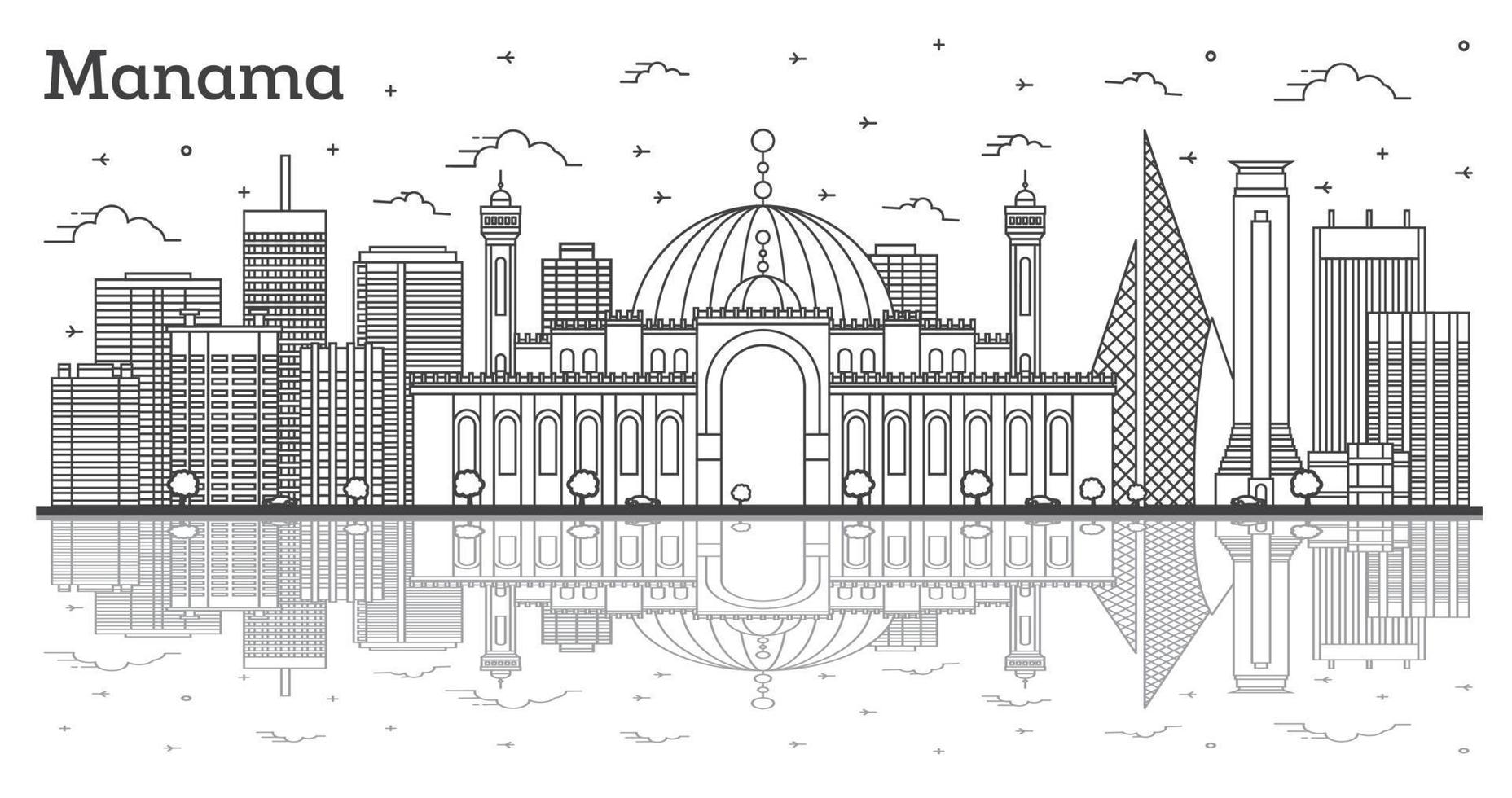 Outline Manama Bahrain City Skyline with Modern Buildings and Reflections Isolated on White. vector