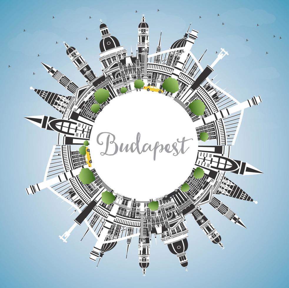 el horizonte de la ciudad de budapest, hungría, con edificios grises, cielo azul y espacio para copiar. vector