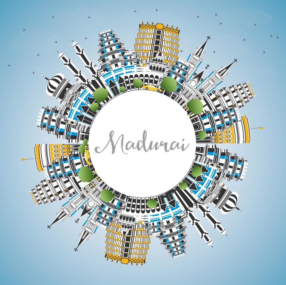 Madurai India City Skyline with Color Buildings, Blue Sky and Copy Space. vector