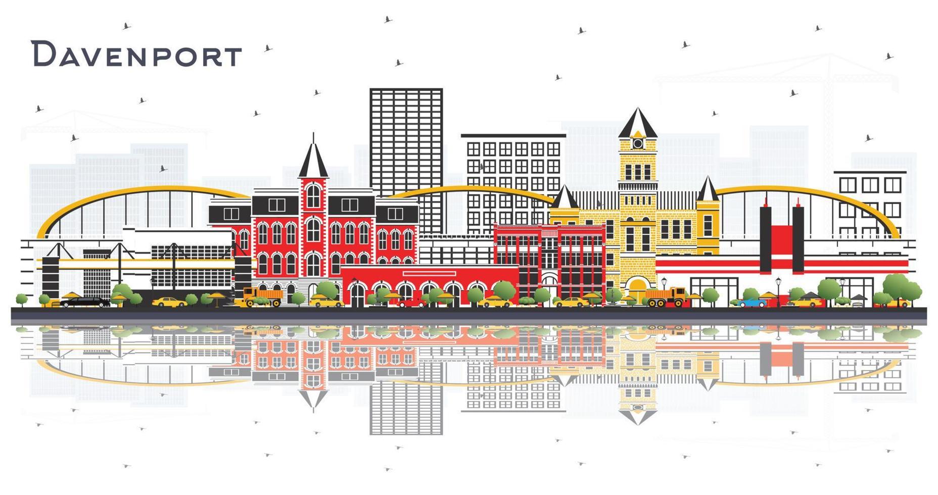 Davenport Iowa Skyline with Color Buildings and Reflections Isolated on White Background. vector