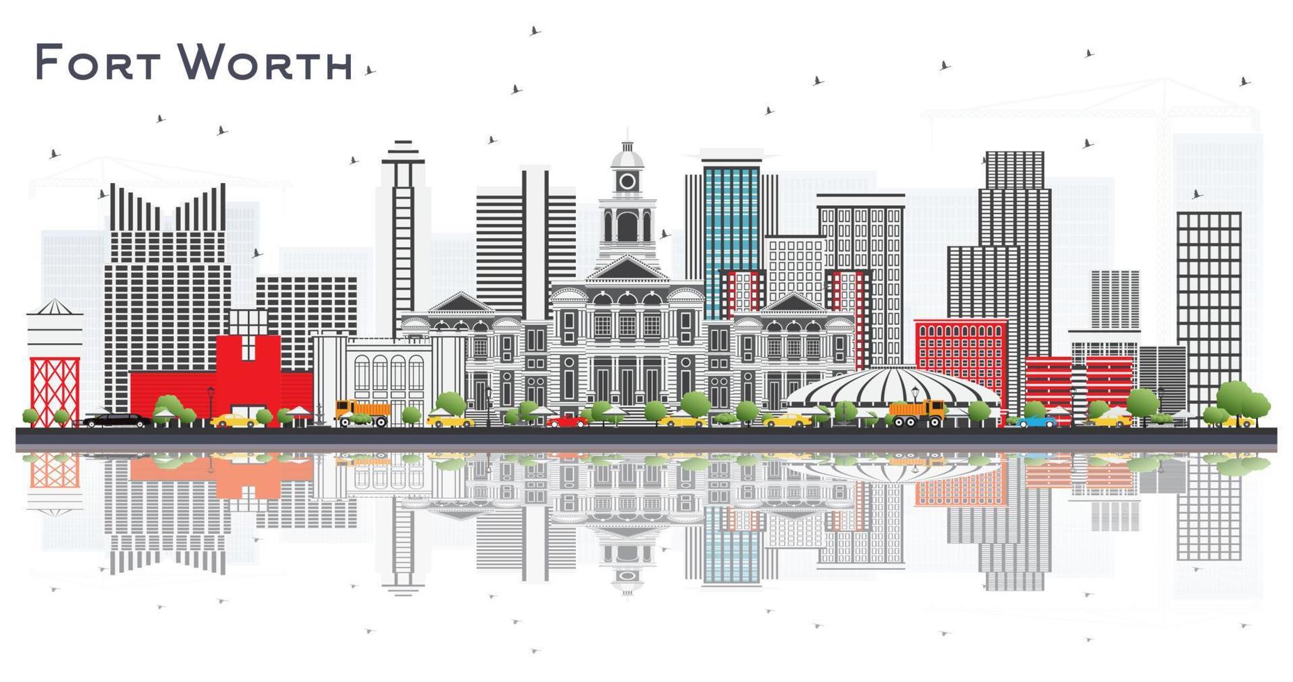 Fort Worth USA City Skyline with Gray Buildings and Reflections Isolated on White. vector