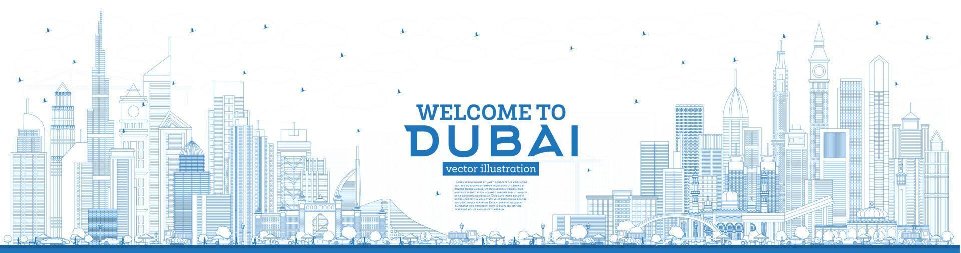 Outline Welcome to Dubai UAE Skyline with Blue Buildings. vector