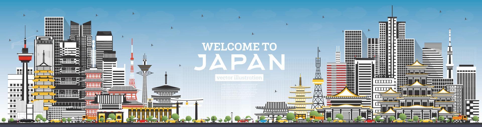 Welcome to Japan Skyline with Gray Buildings and Blue Sky. vector