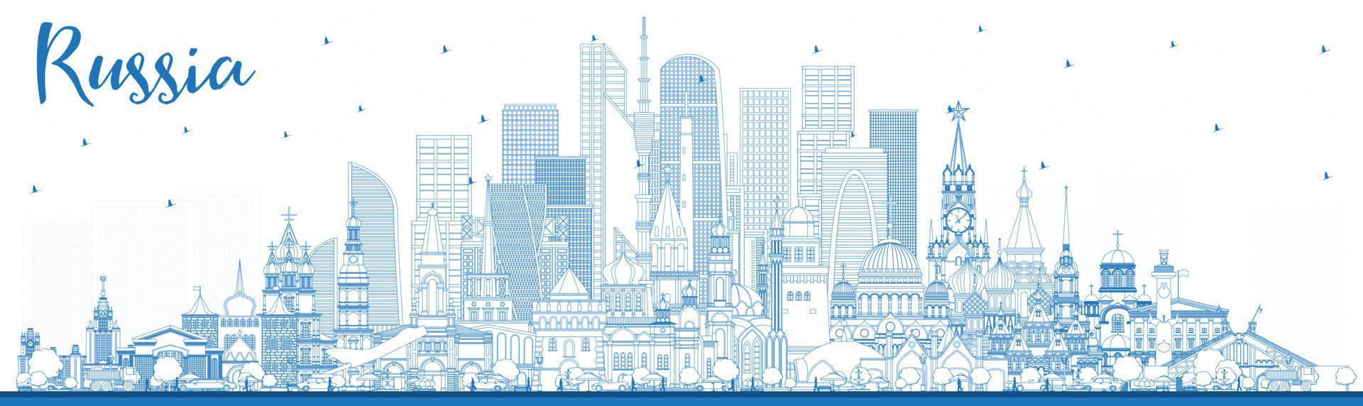 Outline Russia City Skyline with Blue Buildings. vector