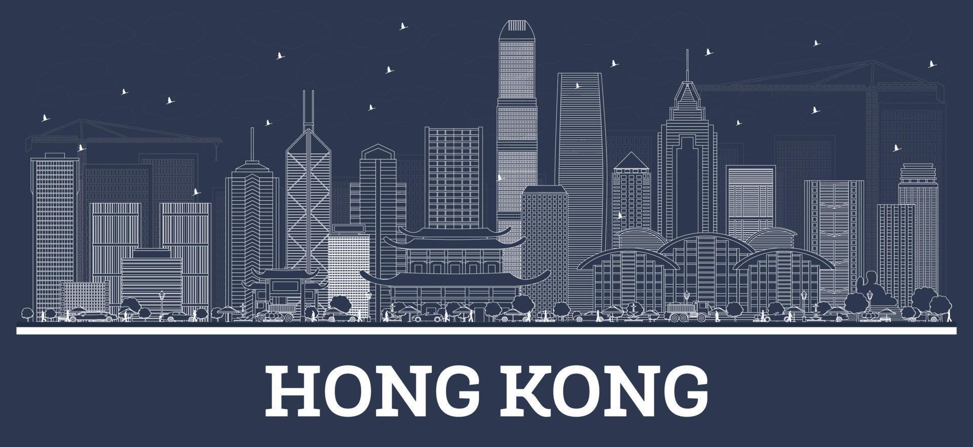Outline Hong Kong China City Skyline with White Buildings. vector