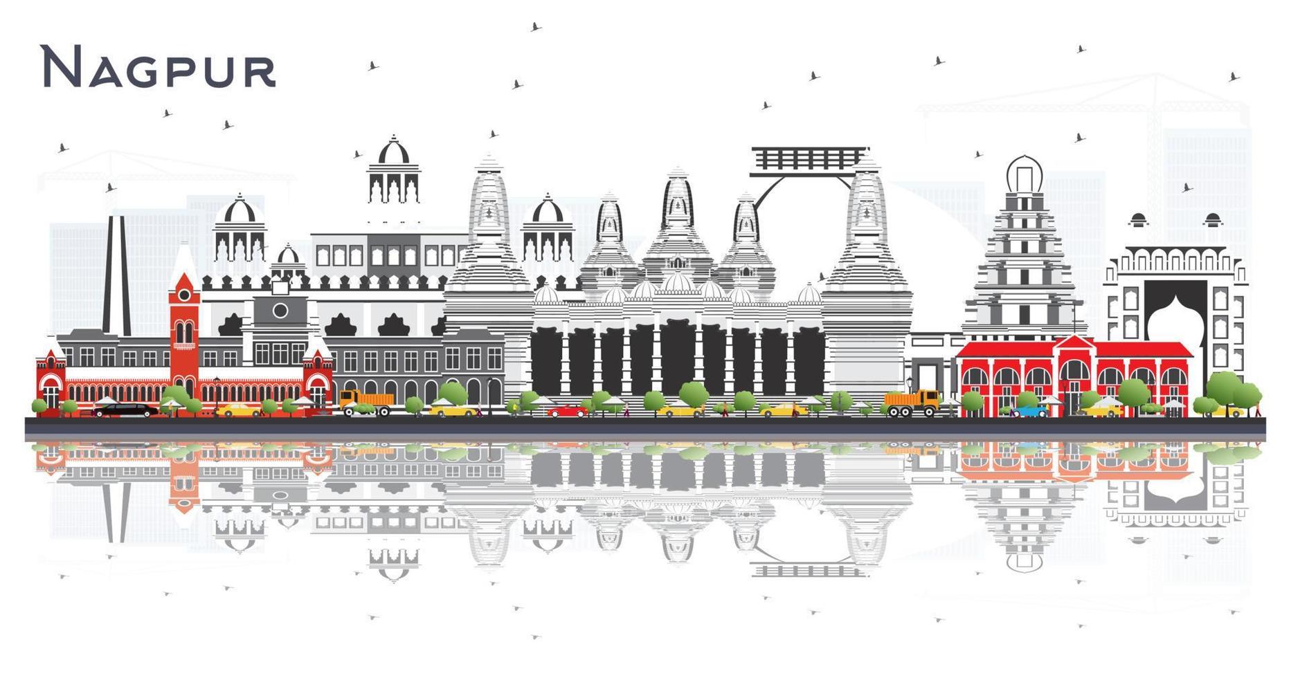 horizonte de la ciudad de nagpur india con edificios grises y reflejos aislados en blanco. vector