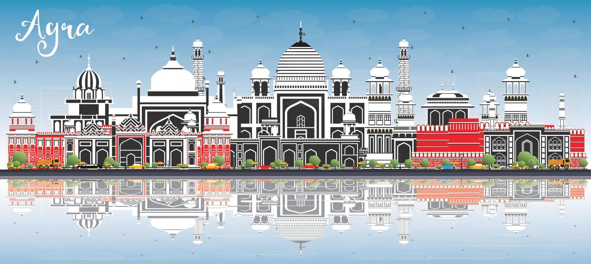 horizonte de la ciudad de agra india con edificios de color, cielo azul y reflejos. vector