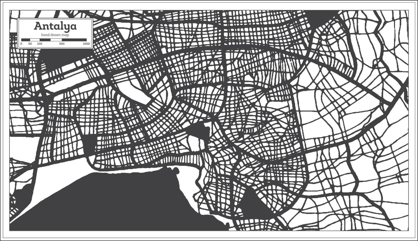 mapa de la ciudad de antalya turquía en color blanco y negro en estilo retro. esquema del mapa. vector