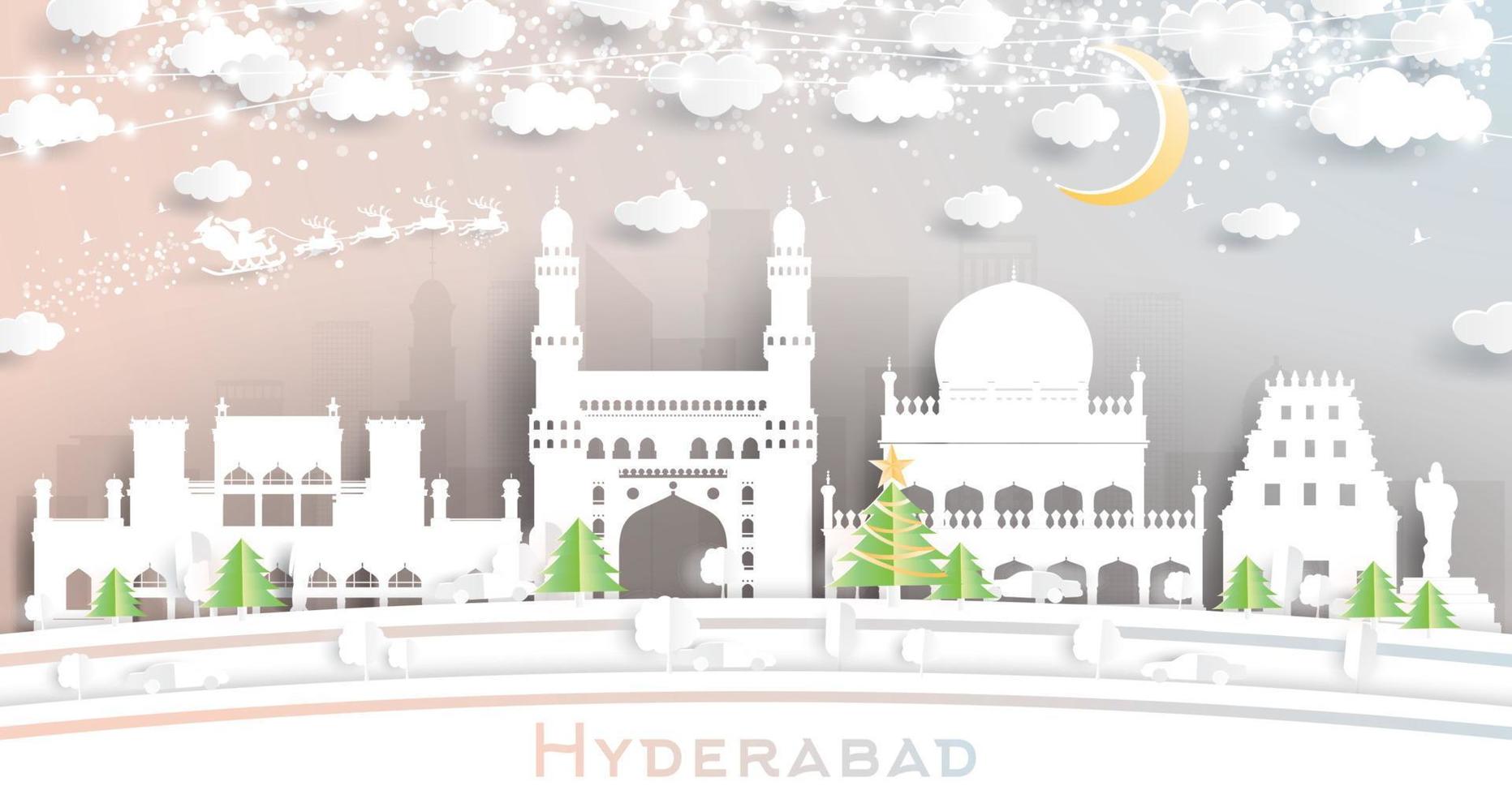 Hyderabad India City Skyline in Paper Cut Style with Snowflakes, Moon and Neon Garland. vector