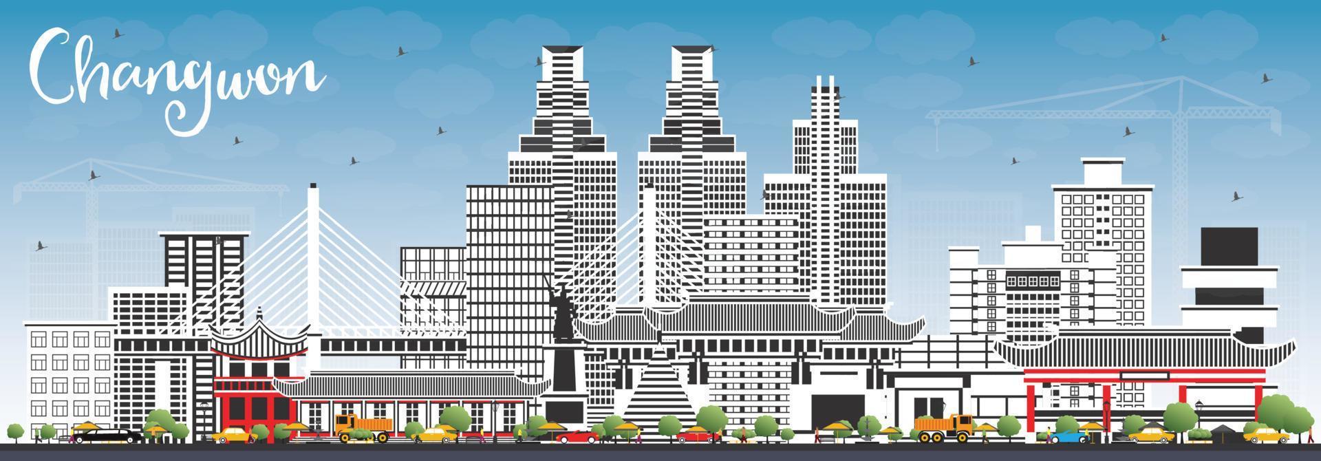 Changwon South Korea City Skyline with Color Buildings and Blue Sky. vector