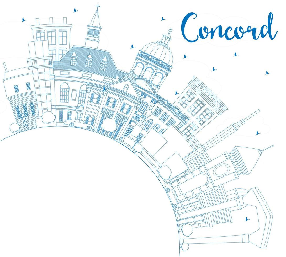 esbozar el horizonte de la ciudad de concord new hampshire con edificios azules y espacio de copia. vector