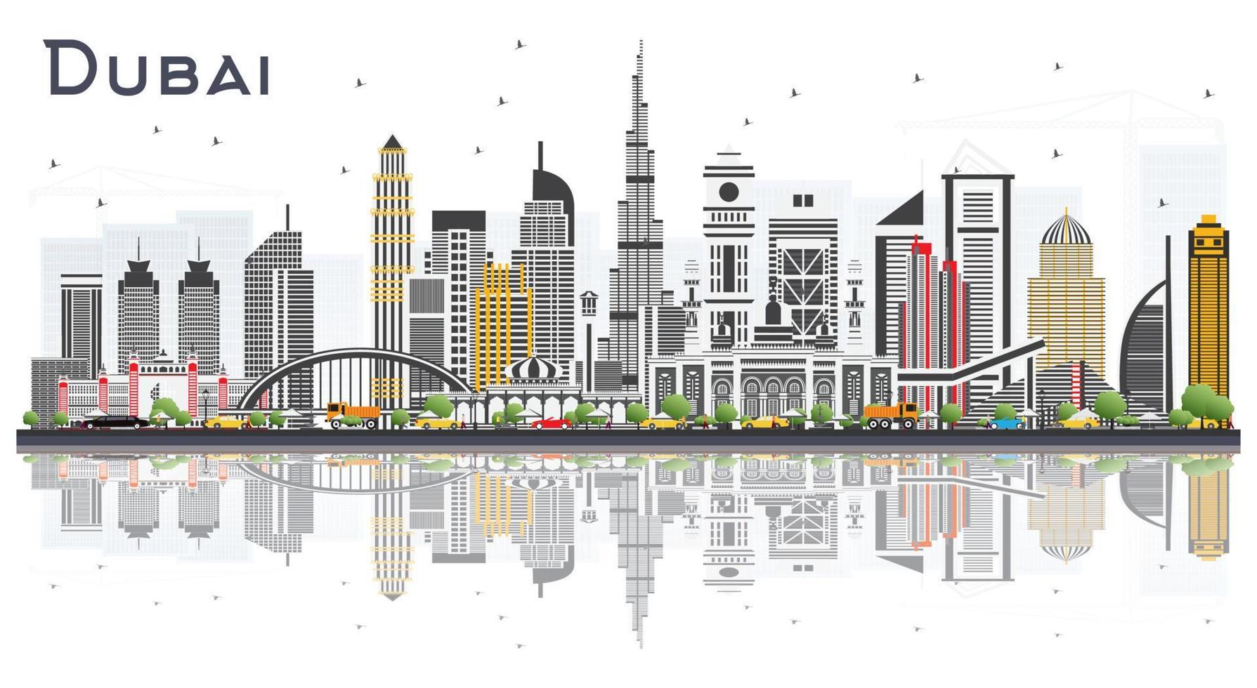 Dubai UAE City Skyline with Color Buildings Isolated on White Background. vector