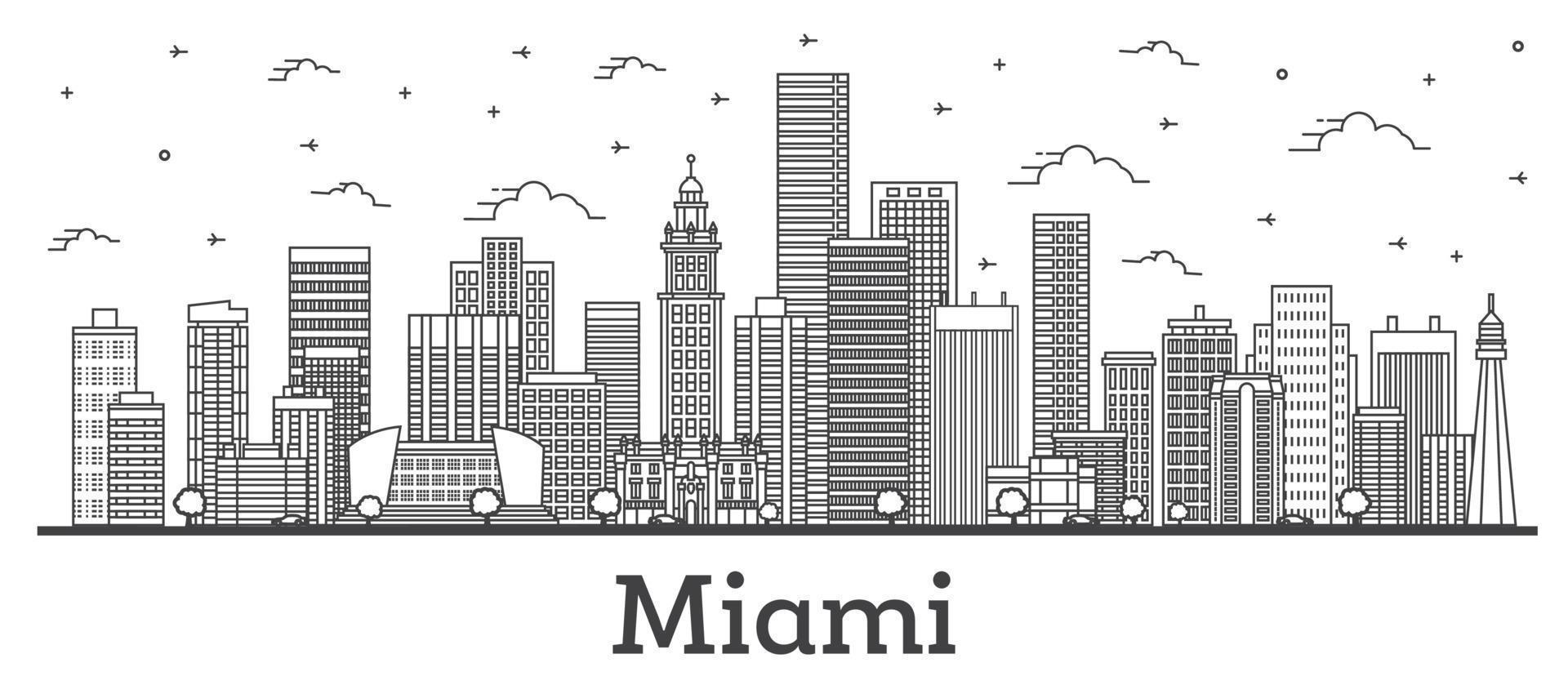 Outline Miami Florida City Skyline with Modern Buildings Isolated on White. vector