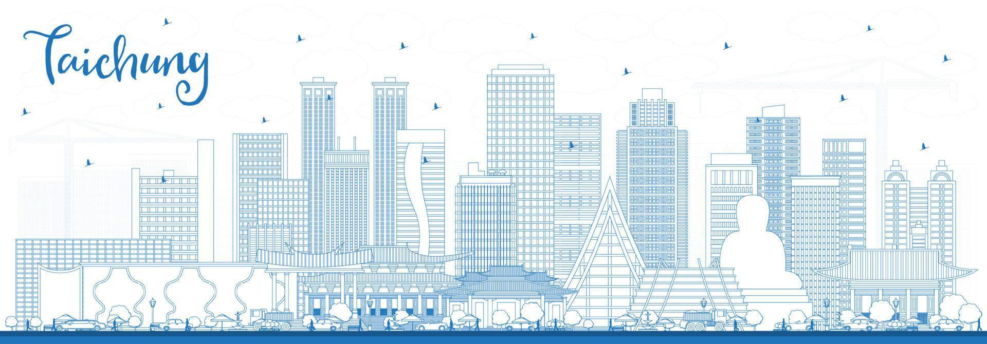 Outline Taichung Taiwan City Skyline with Blue Buildings. vector