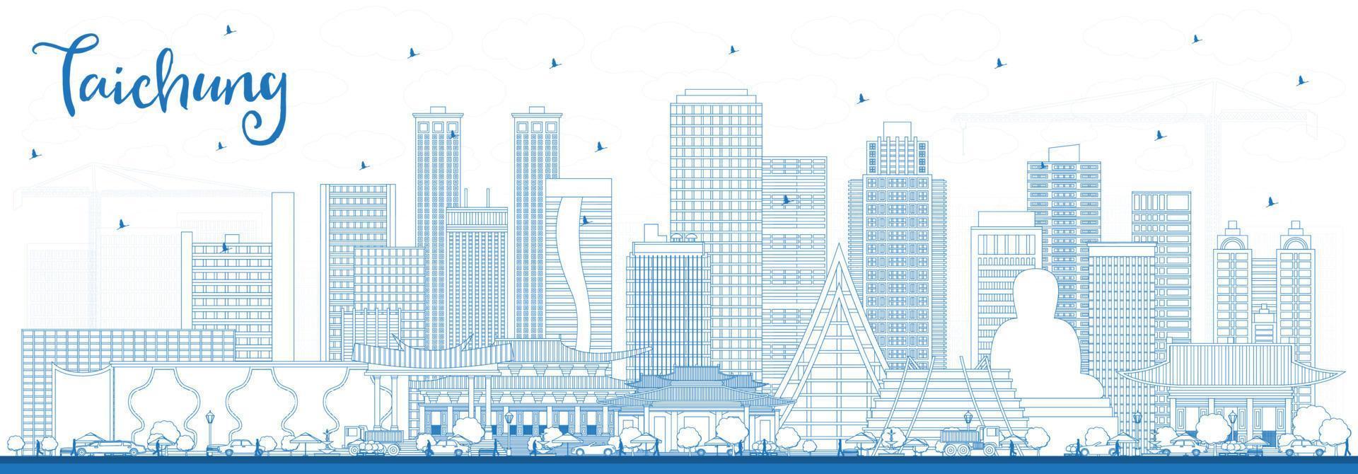 delinear el horizonte de la ciudad de taichung taiwán con edificios azules. vector