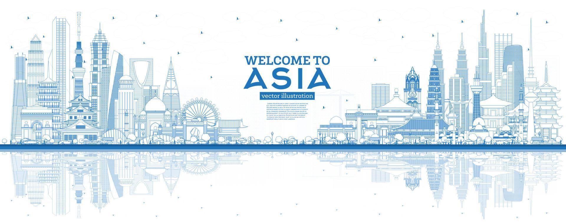 esquema bienvenido al horizonte de asia con edificios azules. vector