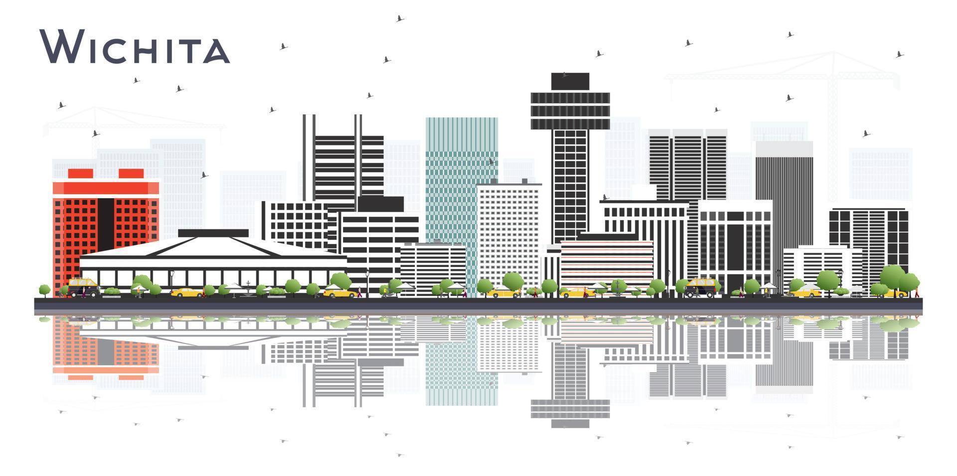 horizonte de la ciudad de wichita kansas con edificios grises y reflejos aislados en blanco. vector