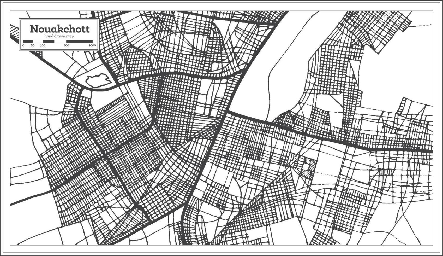 mapa de la ciudad de nouakchott, mauritania, en color blanco y negro. esquema del mapa. vector