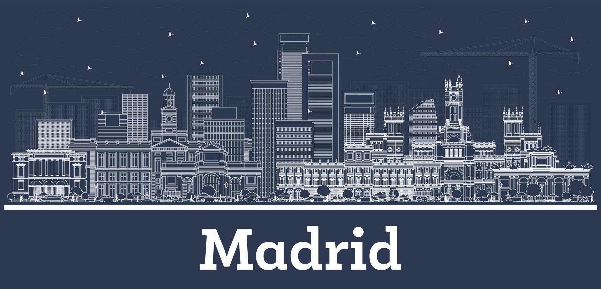 Outline Madrid Spain City Skyline with White Buildings. vector