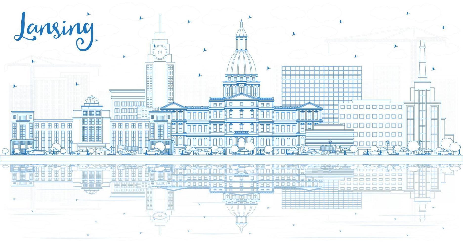 Outline Lansing Michigan City Skyline with Blue Buildings and Reflections. vector