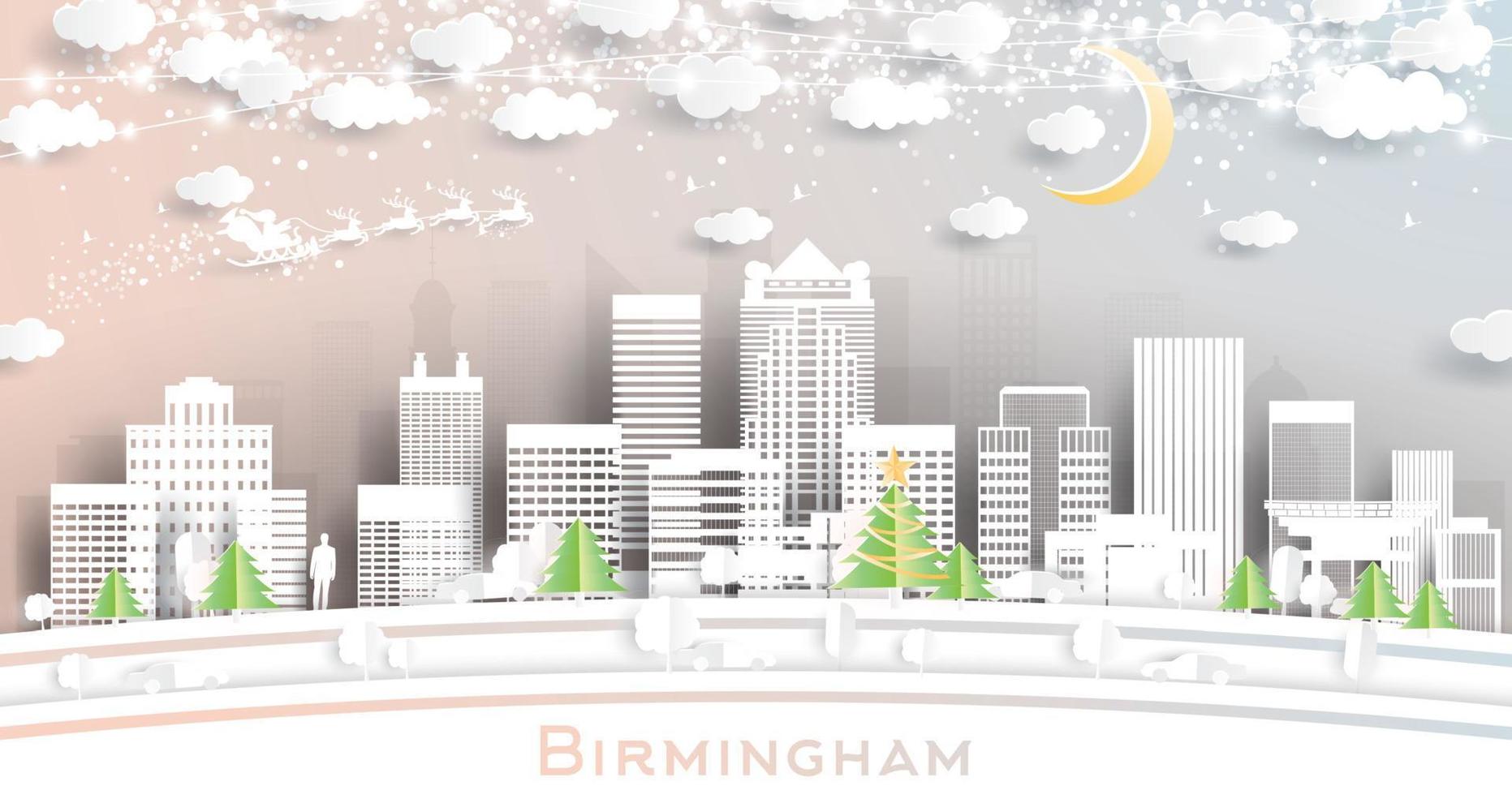 horizonte de la ciudad de birmingham alabama usa en estilo de corte de papel con copos de nieve, luna y guirnalda de neón. vector