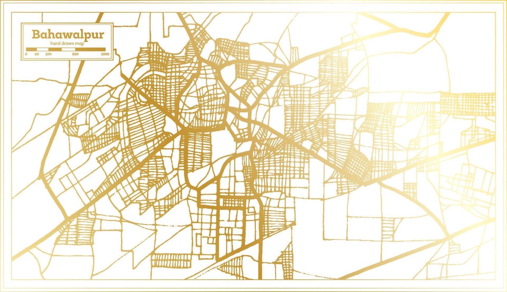 mapa de la ciudad de bahawalpur pakistán en estilo retro en color dorado. esquema del mapa. vector