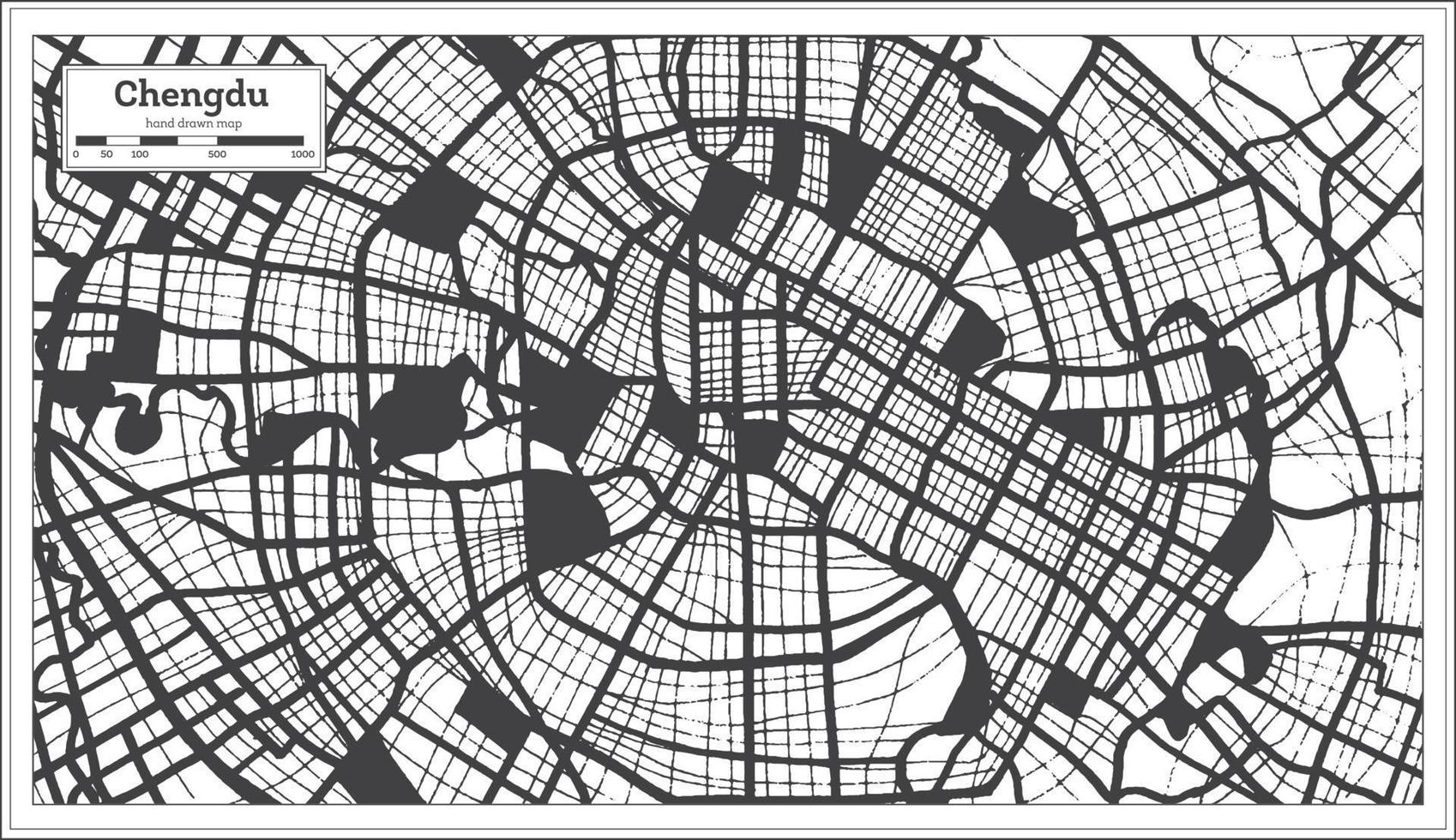 mapa de la ciudad china de chengdu en color blanco y negro en estilo retro. esquema del mapa. vector